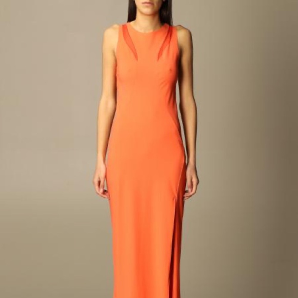 Patricia Pepe long dress in technical fabric with mesh cutouts in orange / coral
